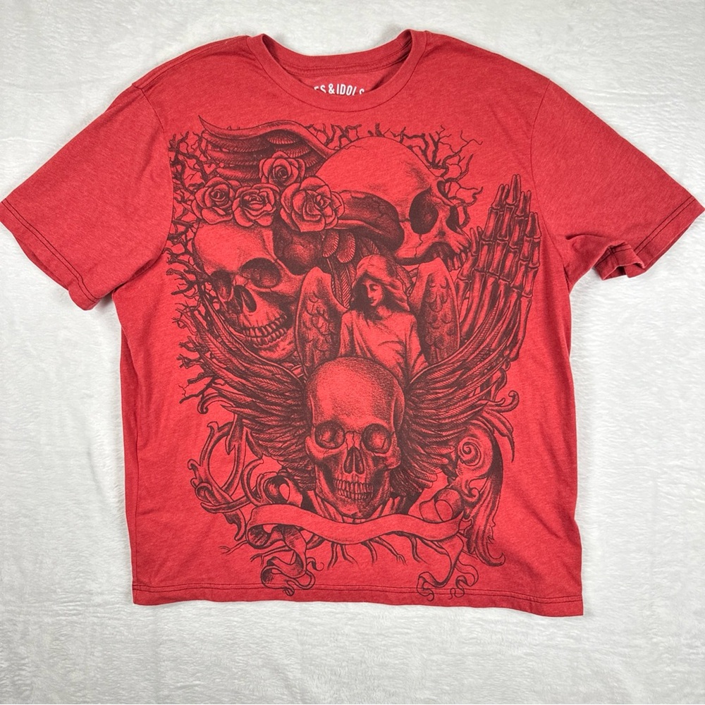 ACES & IDOLS  MEN’s Size XL RED SKULLS & ROSES T SHIRT CHEST Cotton Blend Soft